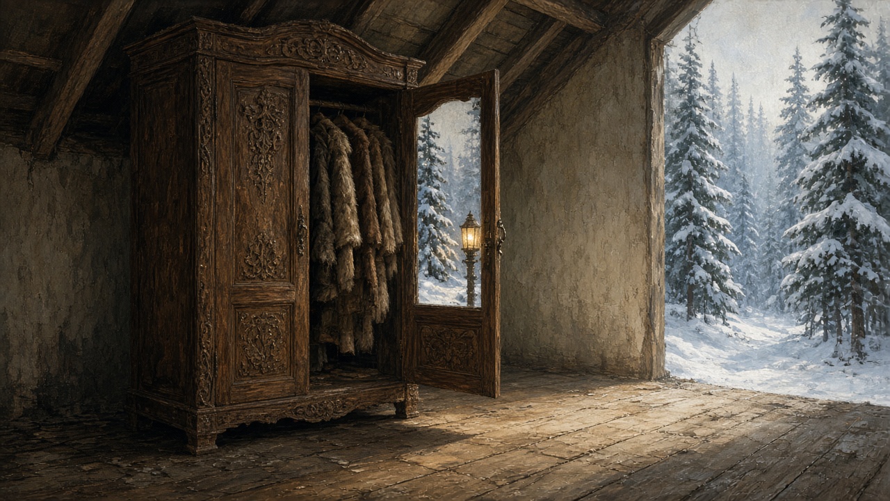 Une armoire entrouverte sur une forêt enneigée