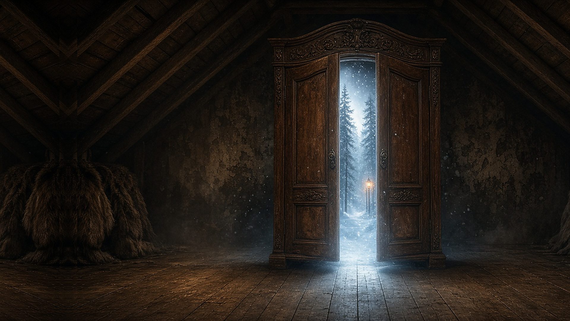 Une vieille armoire ouverte dans un grenier sombre ; entre ses portes, une forêt sous la neige et un réverbère allumé