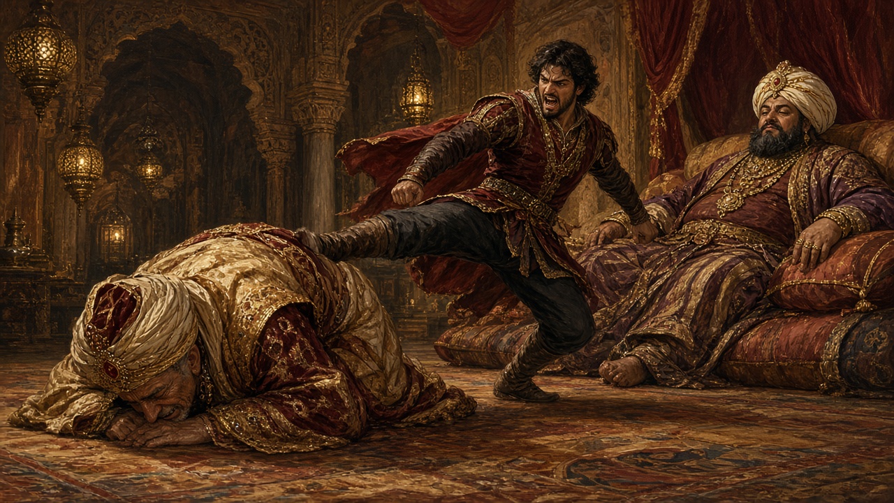 Ahoshta rampe devant le Tisroc et son fils