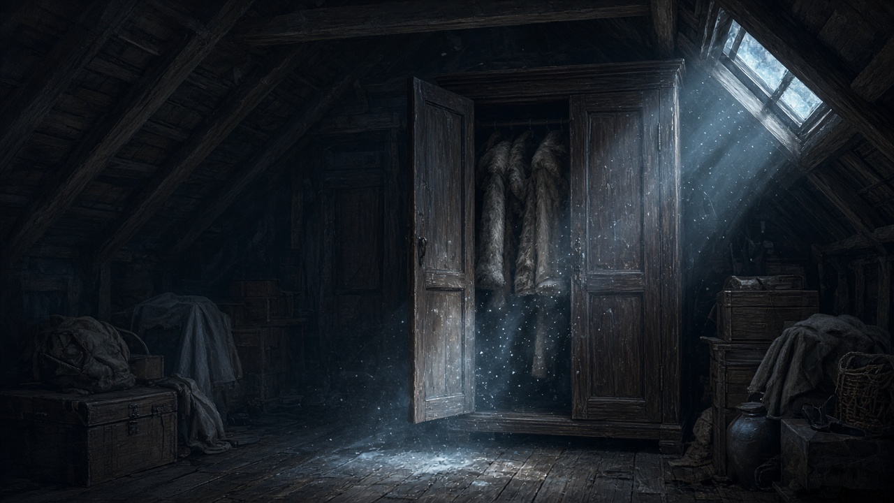 Armoire entrouverte dans un grenier sombre, lumière bleue et flocons qui s'échappent entre les manteaux