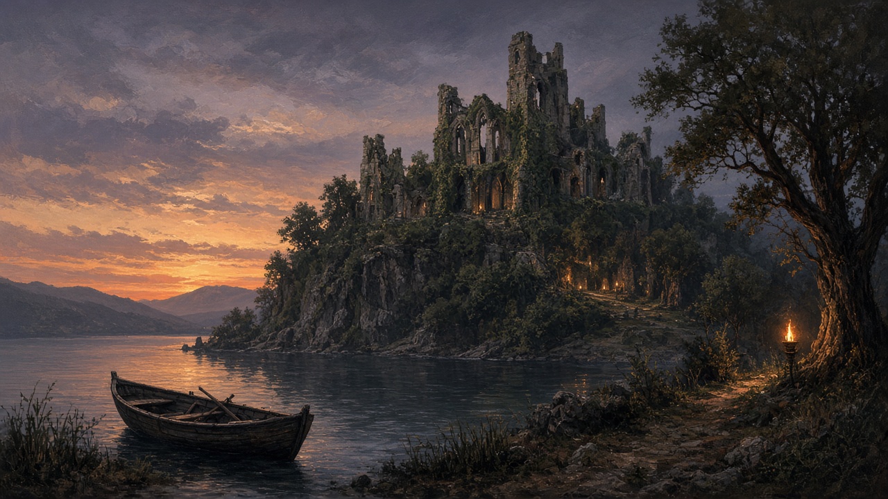 Château en ruine sur une île boisée au crépuscule, arches couvertes de lierre et barque sur la rive