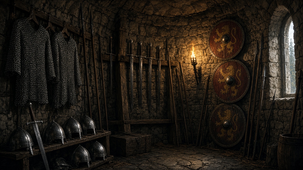 Des armures narniennes rangées
