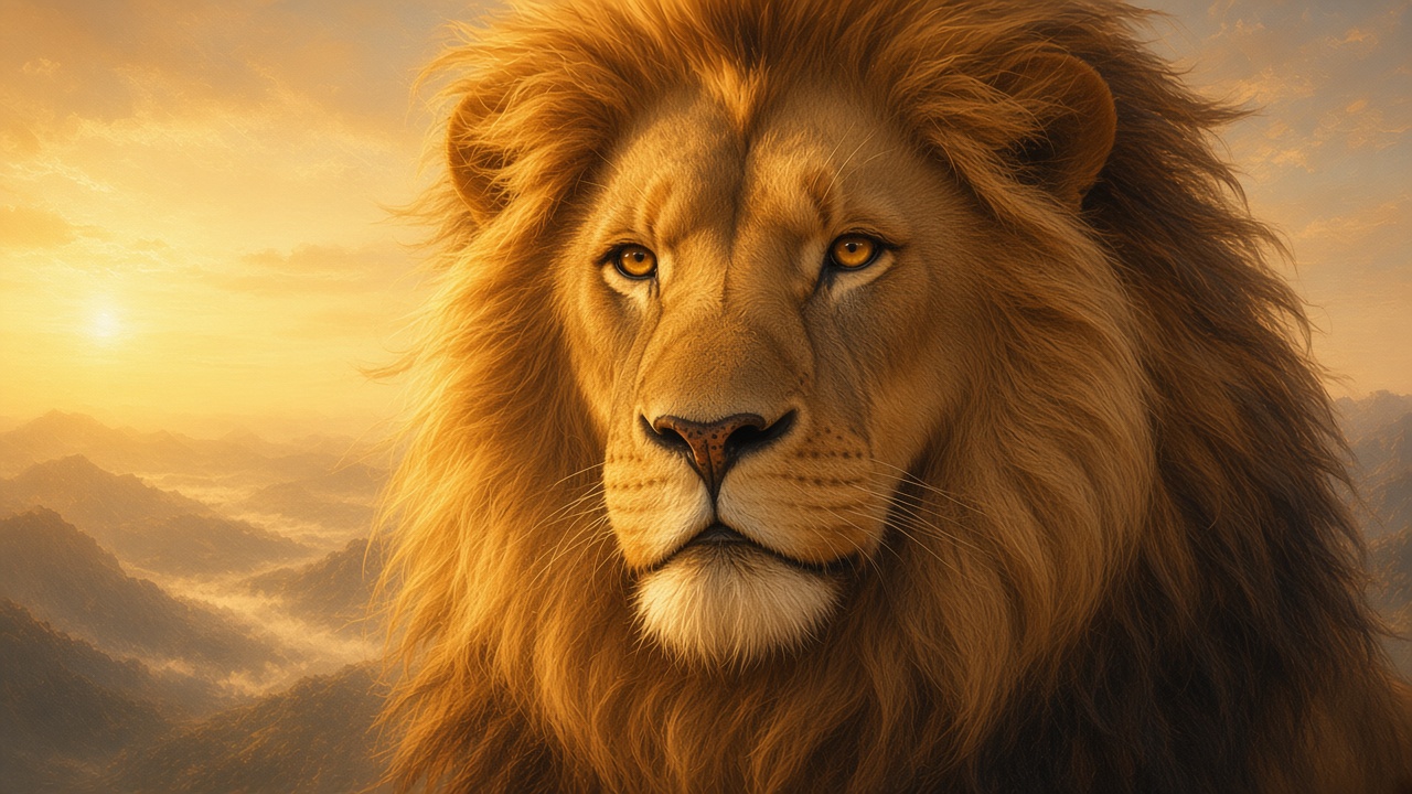 Gros plan sur la tête d'Aslan au soleil couchant, regard grave et bienveillant