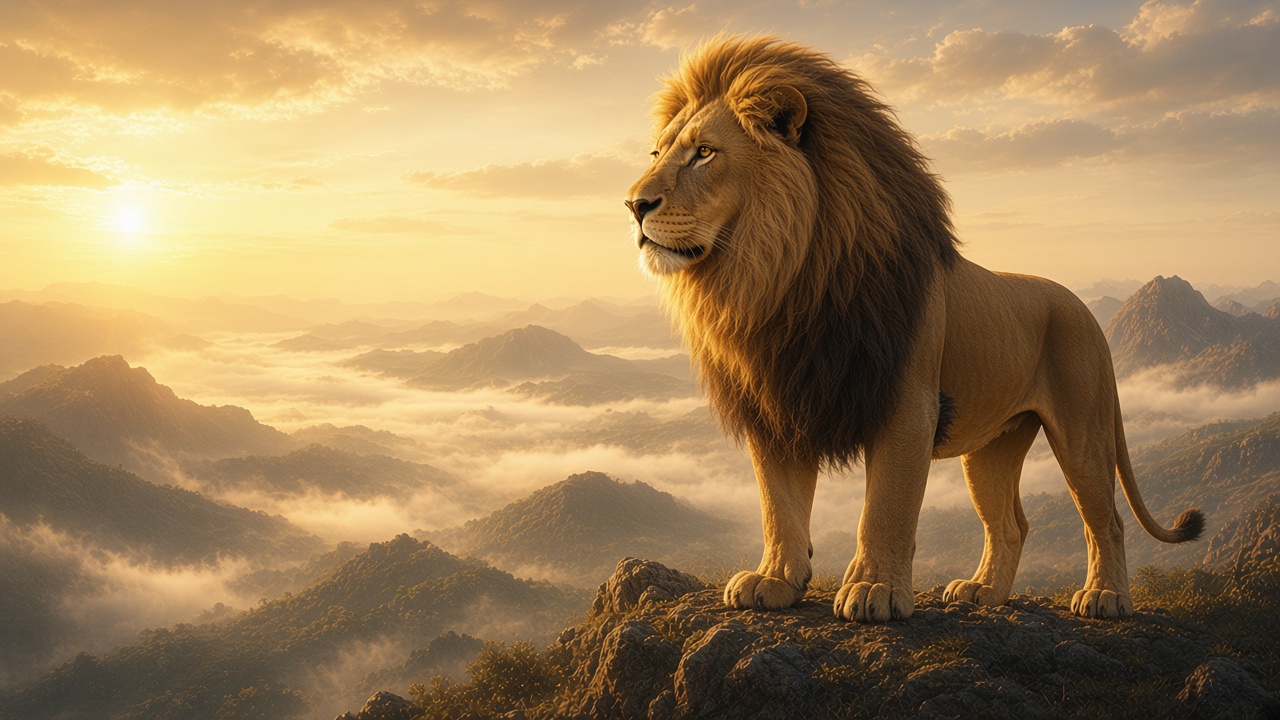 Aslan debout de profil sur une crête rocheuse, toute sa stature visible