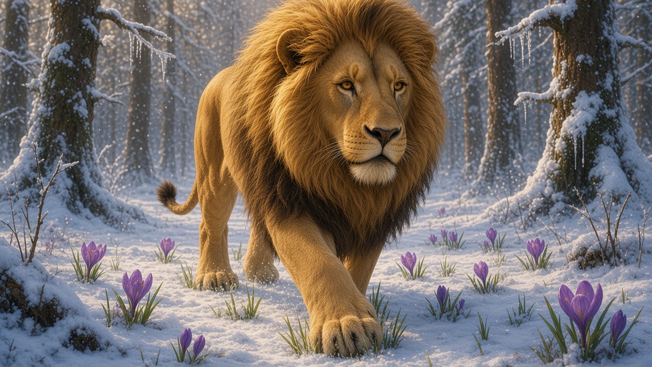 La neige fond sous les pattes d'Aslan dans une forêt