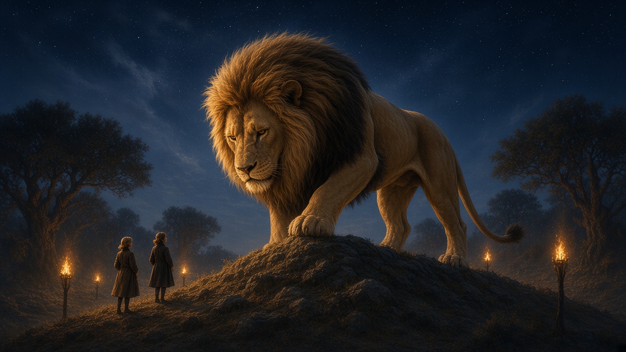 Aslan marche seul vers la Table de Pierre, suivi de loin par deux fillettes