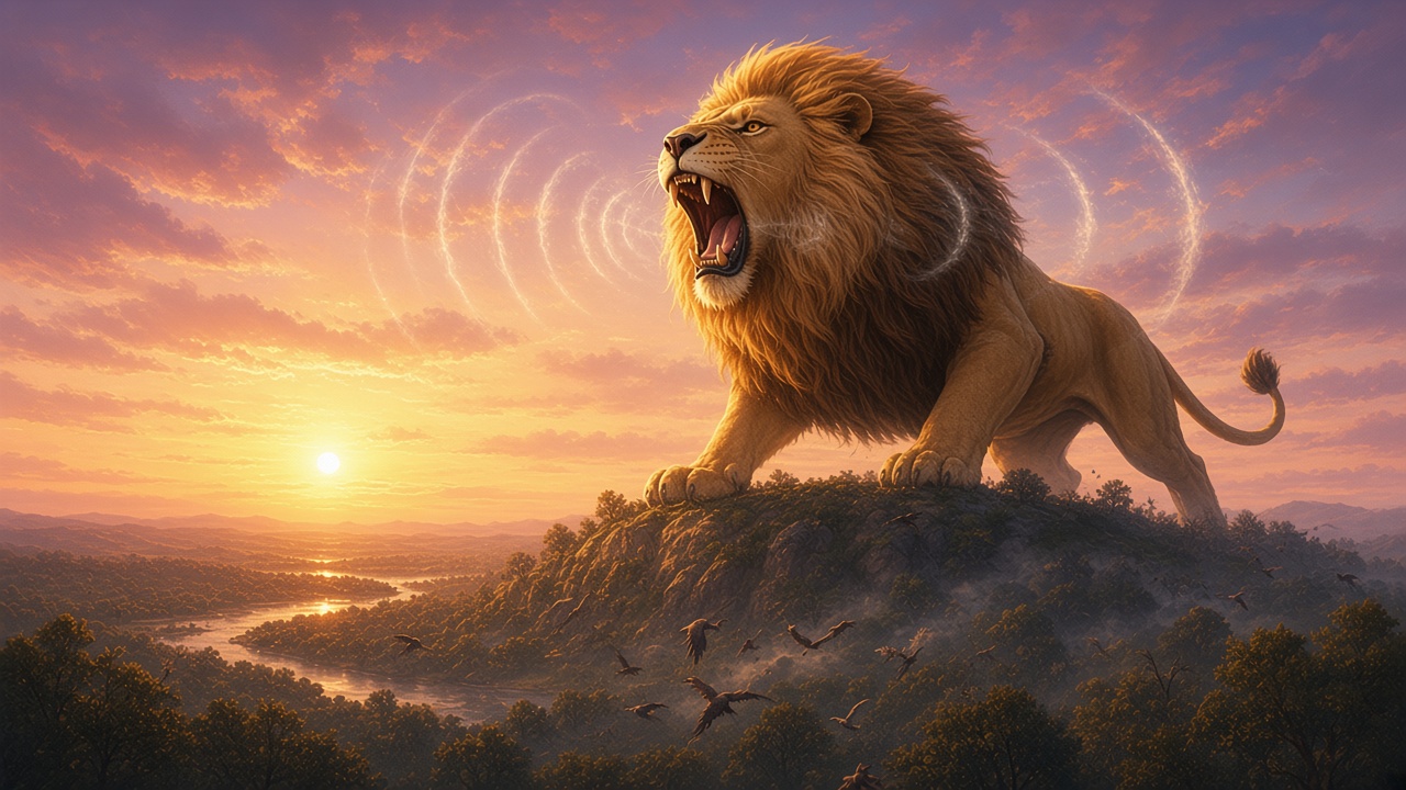 Aslan rugit sur une colline, l'onde sonore fait plier les arbres