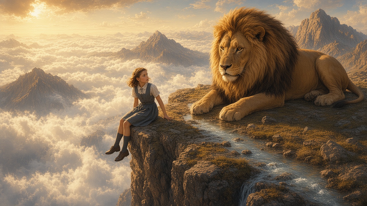 Aslan allongé au bord d'une falaise immense, au pays d'Aslan