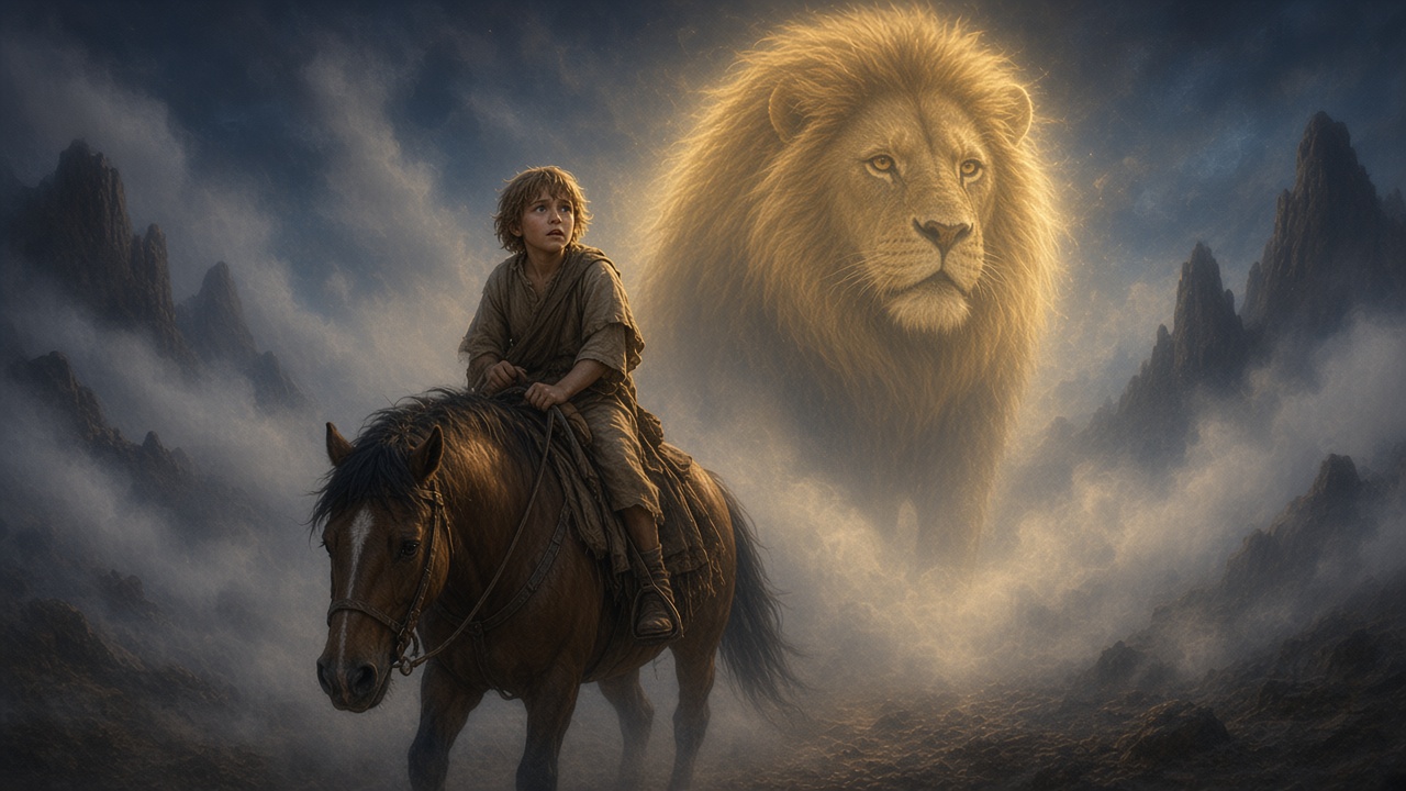 Aslan marche dans le brouillard à côté d'un garçon sur un cheval