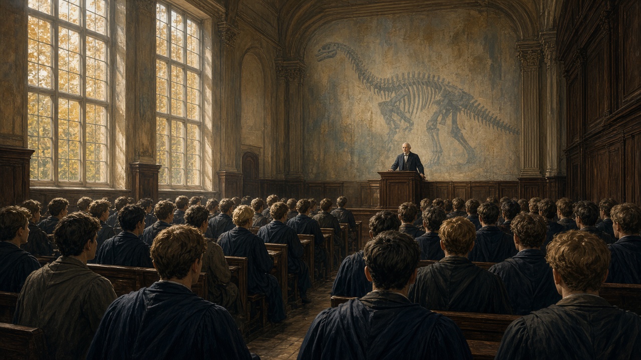 Un vieux professeur de dos dans un amphithéâtre de Cambridge rempli d'étudiants