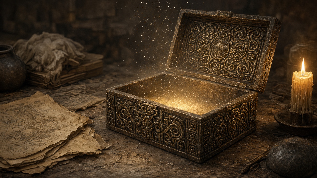 Une petite boîte ancienne ouverte sur une poussière lumineuse