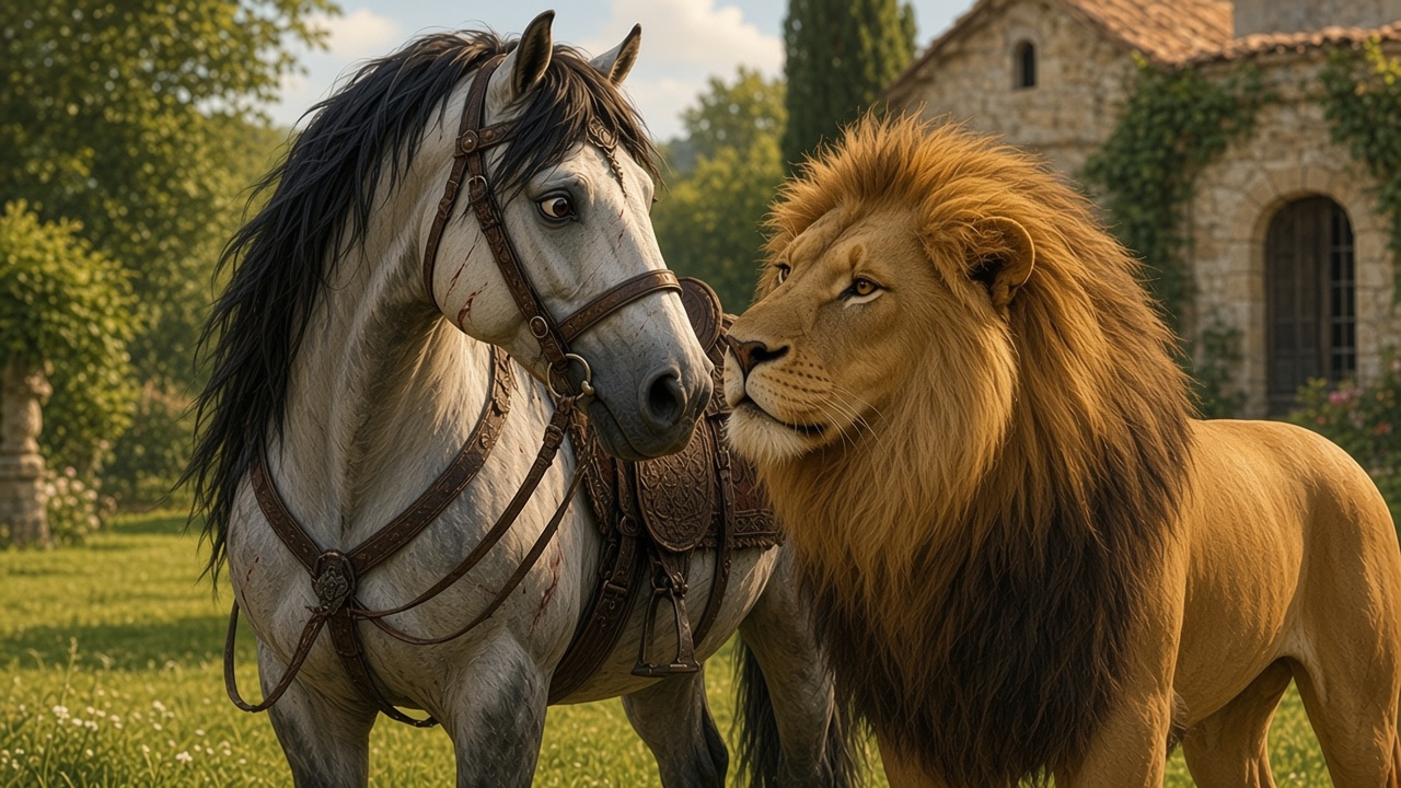 Aslan apparaît derrière Bree qui se retourne, stupéfait