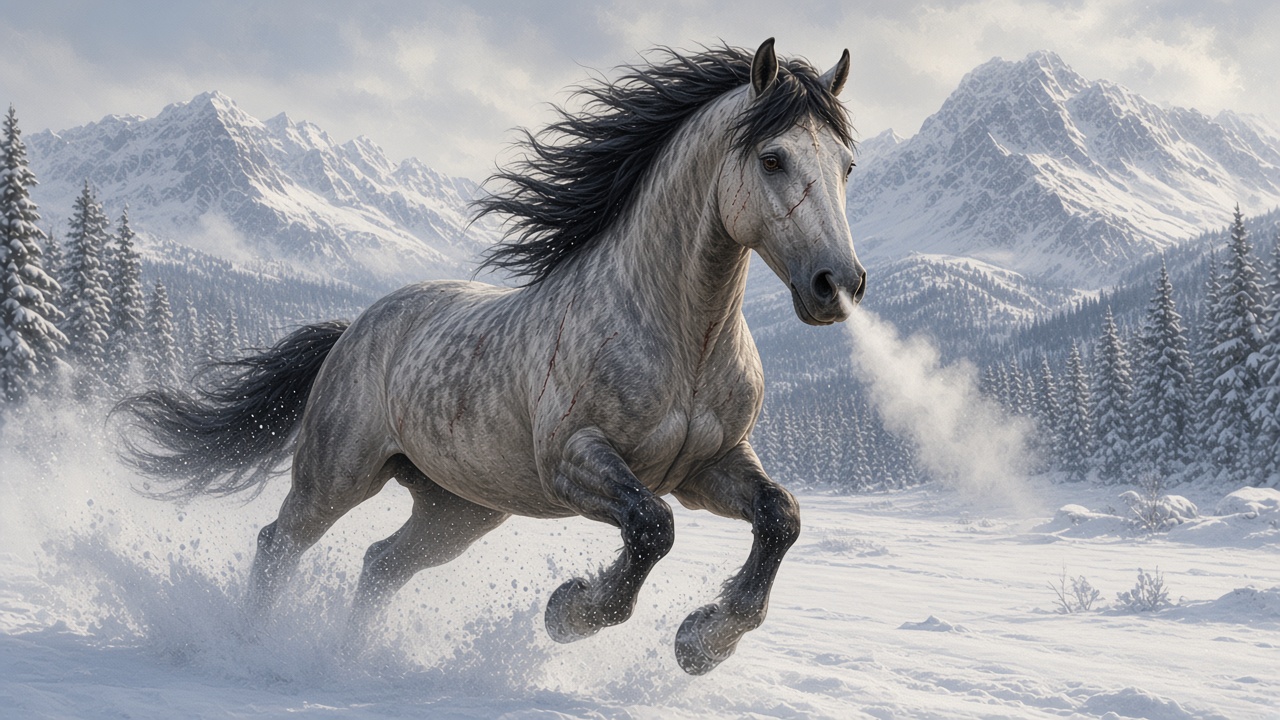 Bree galope dans la neige des montagnes