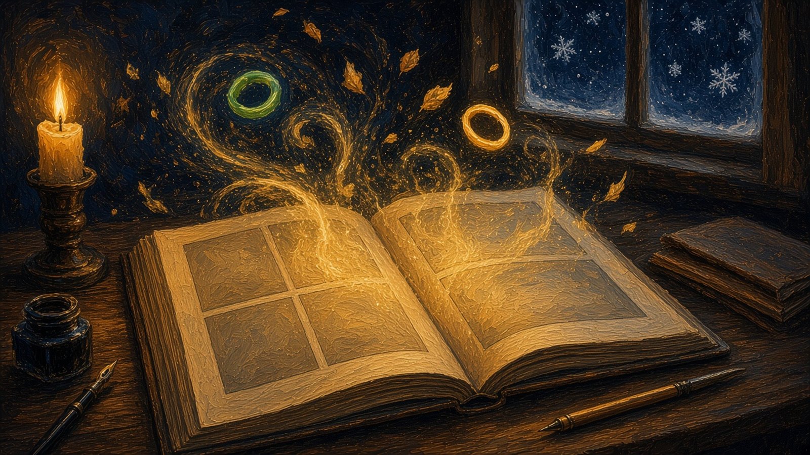 Un grand album de bande dessinée ouvert sur un bureau à la bougie, d'où s'élèvent un anneau vert, un anneau jaune et des feuilles d'or