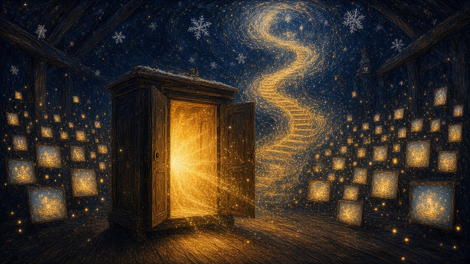 Une vieille armoire ouverte dans un grenier, la nuit : un escalier de lumière dorée en sort et monte vers un ciel étoilé, entouré d'une multitude de petits écrans lumineux
