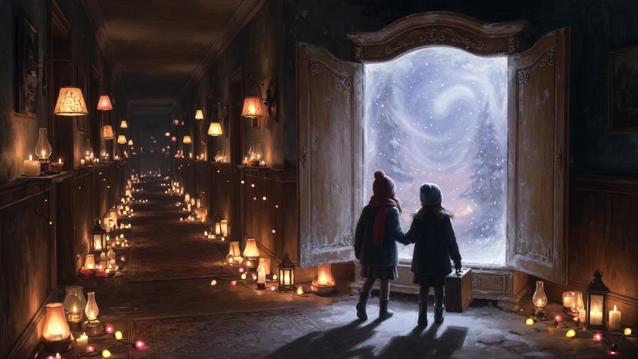 Deux enfants de dos devant une armoire ouverte sur la neige