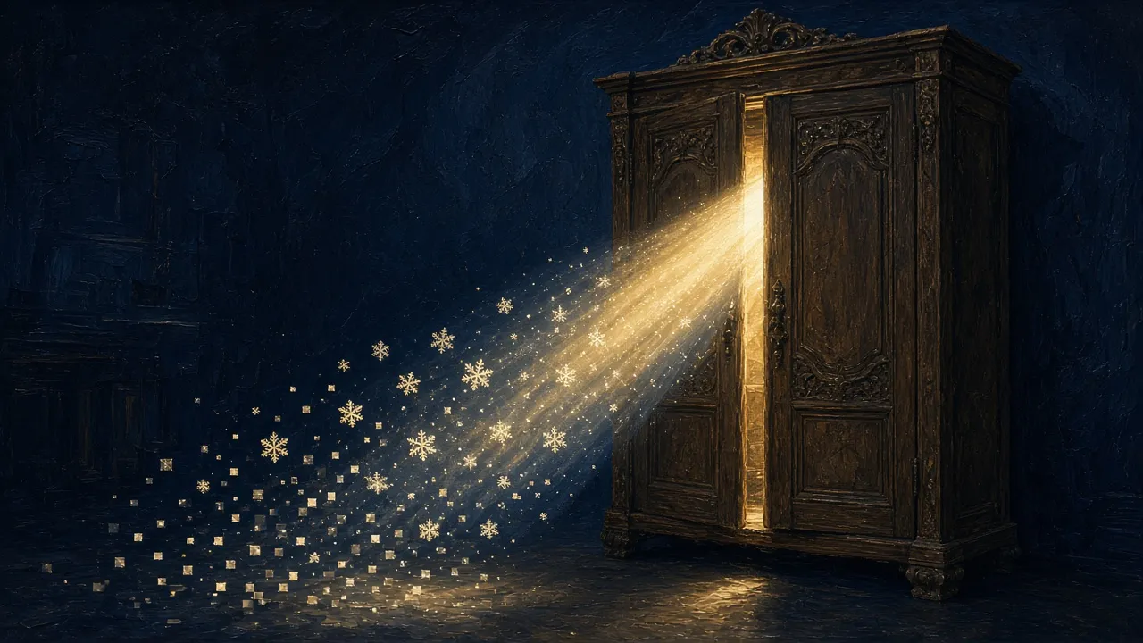 An old wardrobe left ajar with a golden projector beam shining out; snowflakes in the beam turn into pixels