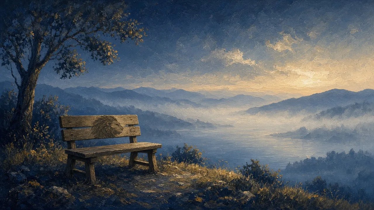Un banc de bois face à un lough brumeux et des collines bleutées à l'aube ; une crinière se dessine dans le bois du dossier