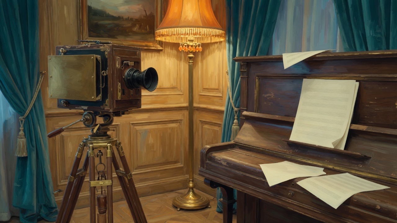 Une caméra de cinéma et un piano dans une pièce boisée