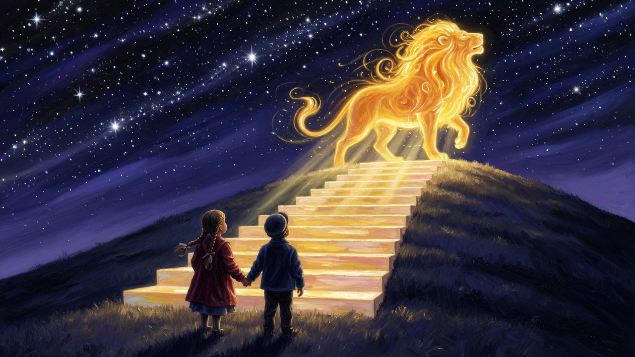 Deux enfants de dos devant un escalier de lumière et un lion d'or