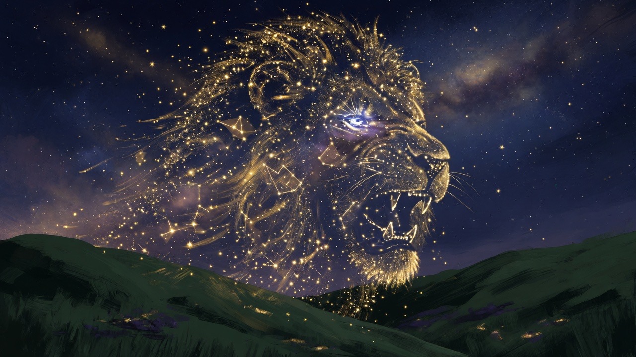 Une tête de lion faite de constellations, sans visage humain