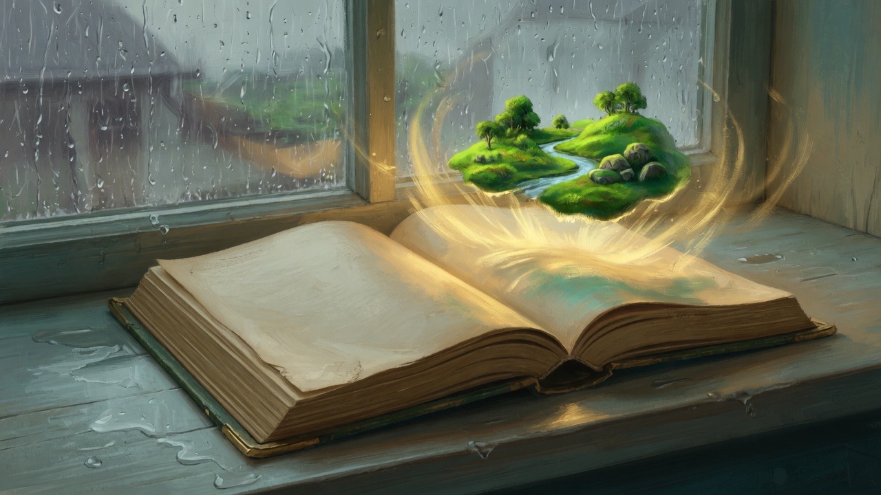 Un livre ouvert sur un rebord de fenêtre, sous la pluie, et un petit paysage de lumière