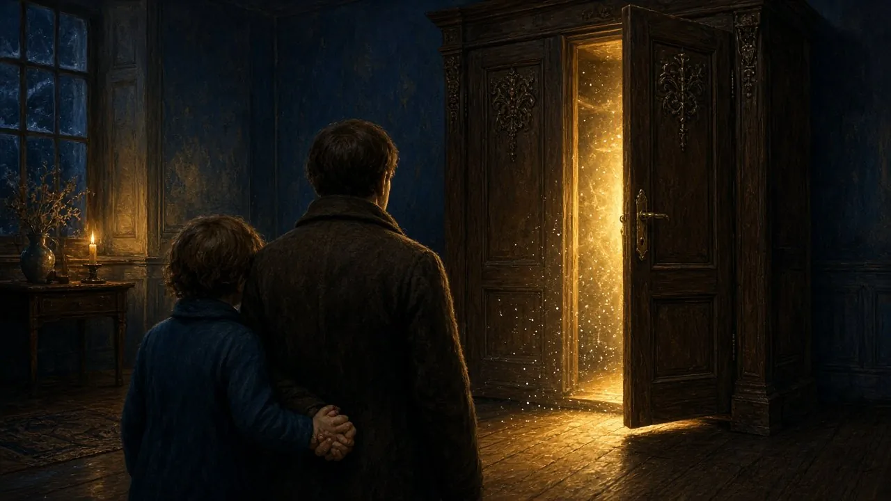 Un enfant tient la main d'un adulte, de dos, devant une vieille armoire entrouverte d'où s'échappe une lumière dorée