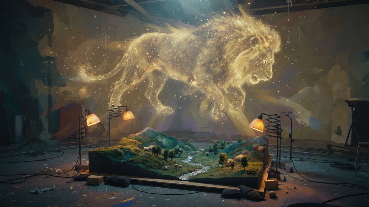 Une vallée miniature sous les lampes d'un studio, et un lion de lumière