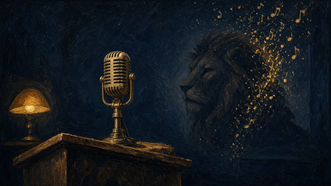 An old studio microphone on a lectern; on the wall, the shadow of a lion's mane dissolves into golden musical notes