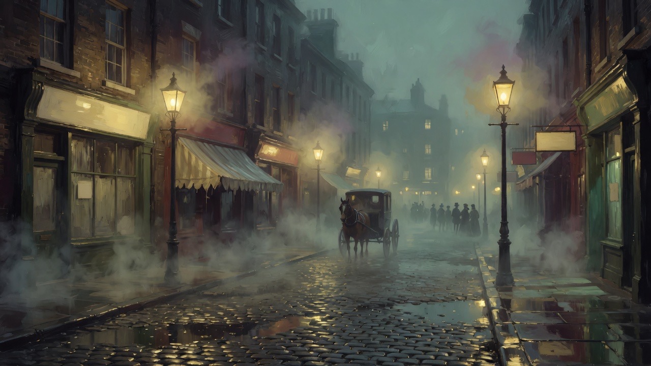 Une rue éclairée au gaz, une calèche et des silhouettes au loin