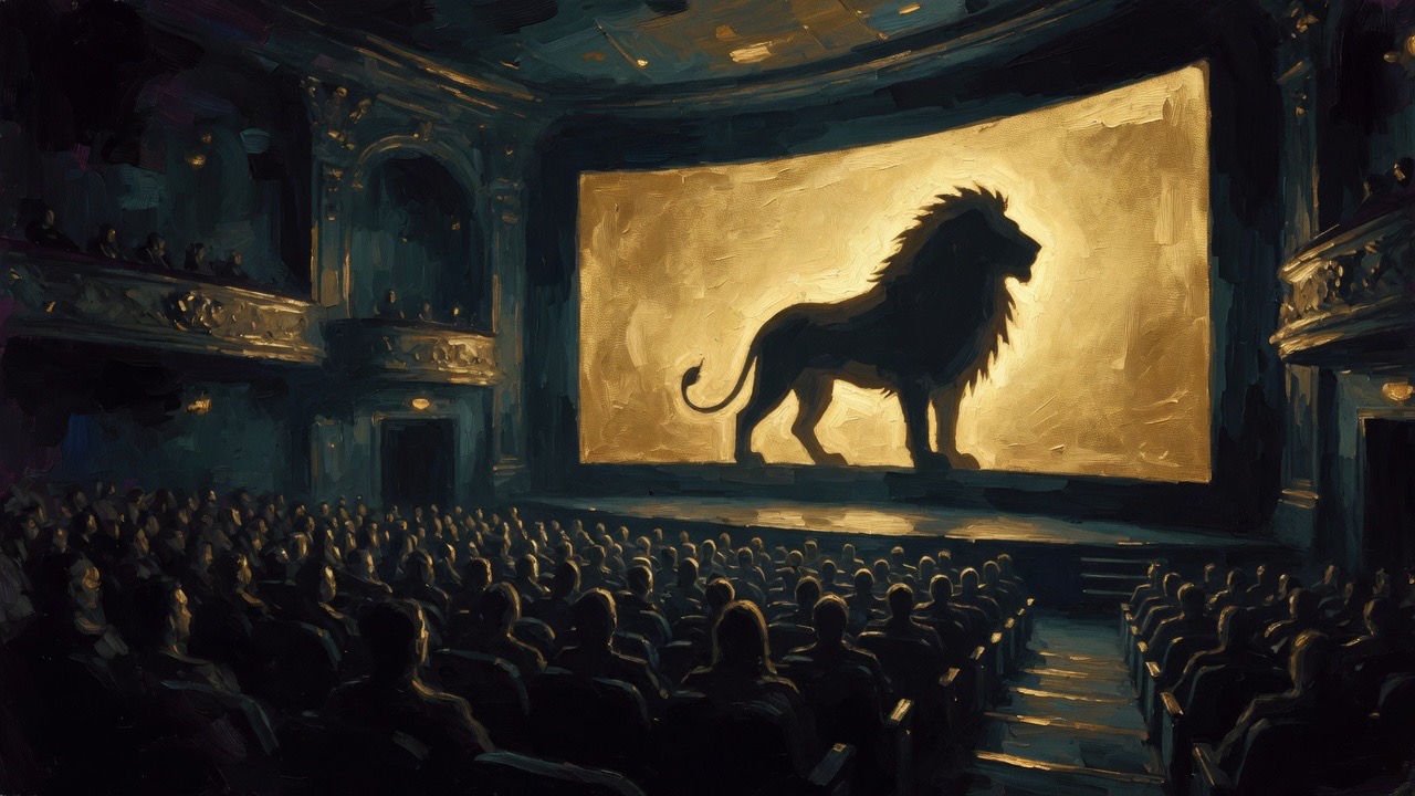 Une salle obscure, un écran courbe et la silhouette d'un lion d'or