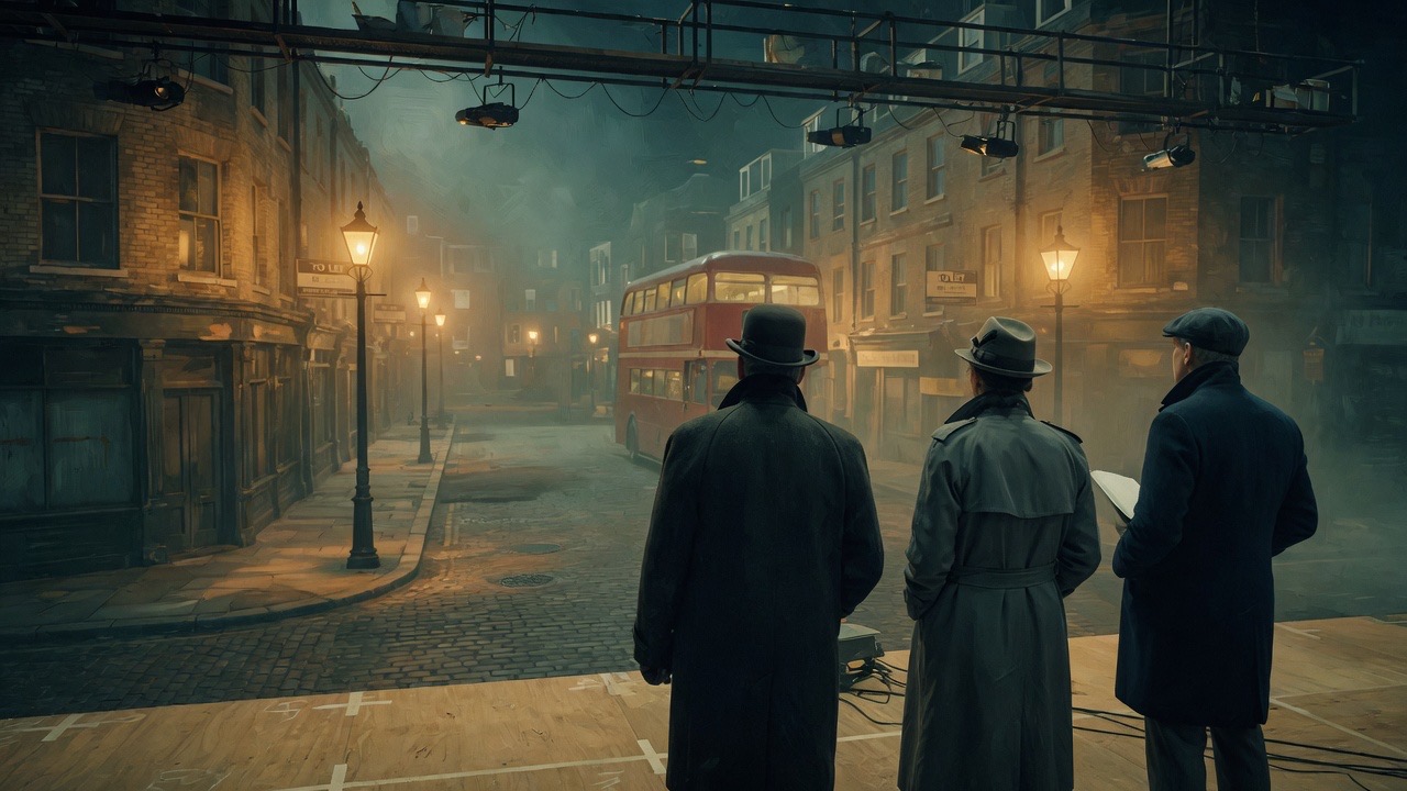 Trois silhouettes de dos sur un décor de rue londonienne