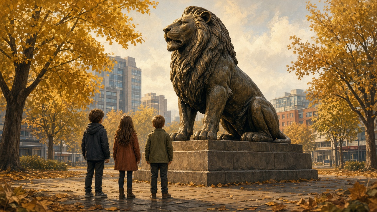 Des enfants de dos admirent une statue de bronze d'un lion sur une place urbaine