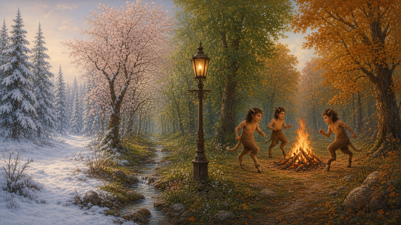 La même clairière de Narnia vue en quatre saisons, avec le réverbère au centre