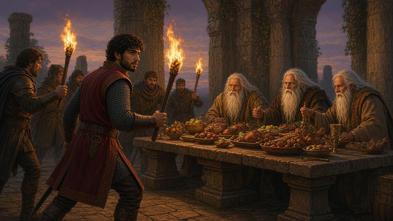 Caspian devant une table de festin et trois dormeurs