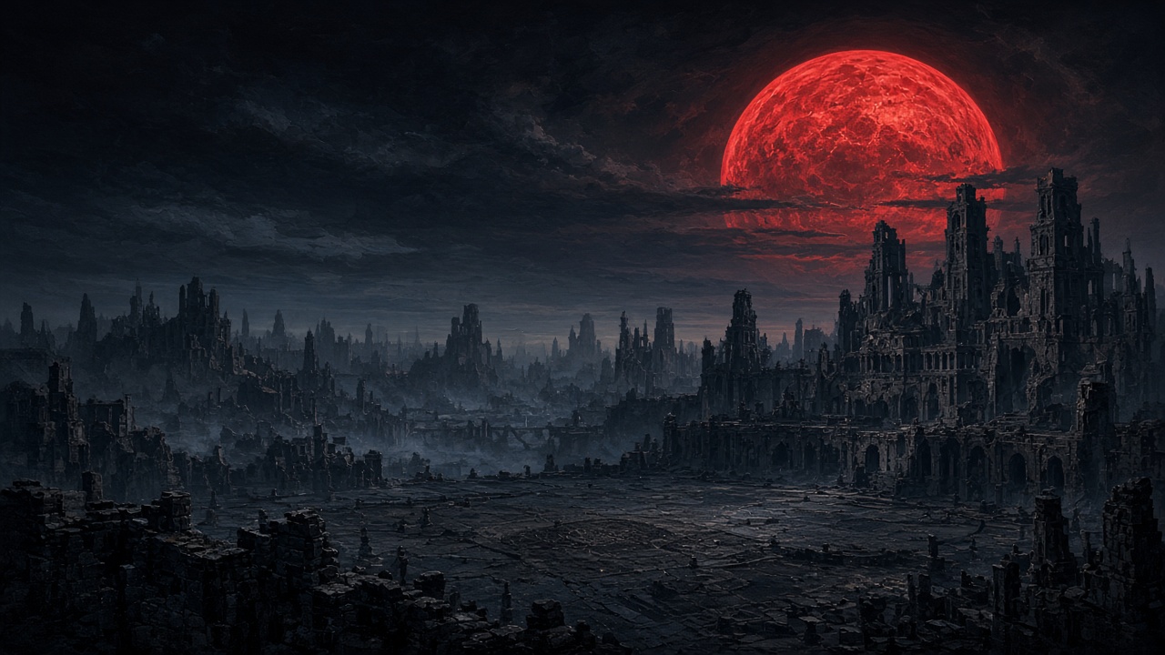 La cité morte sous un énorme soleil rouge