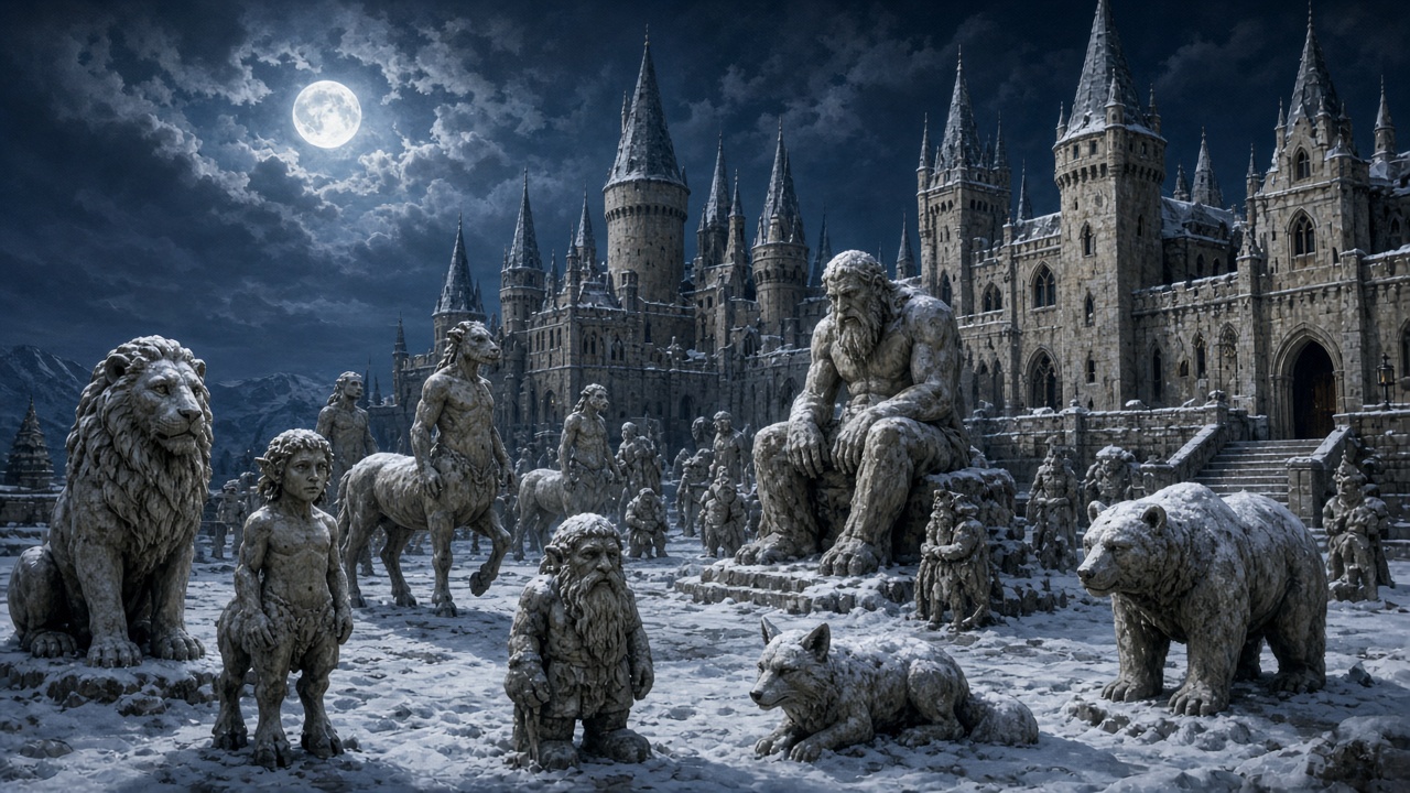 Statues de pierre dans la cour du château sous la lune