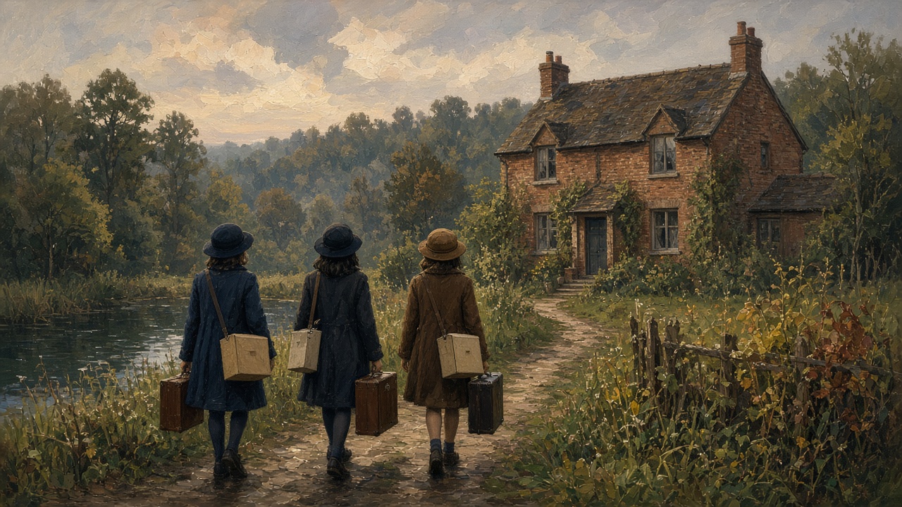 Des enfants avec leurs valises devant une maison de campagne