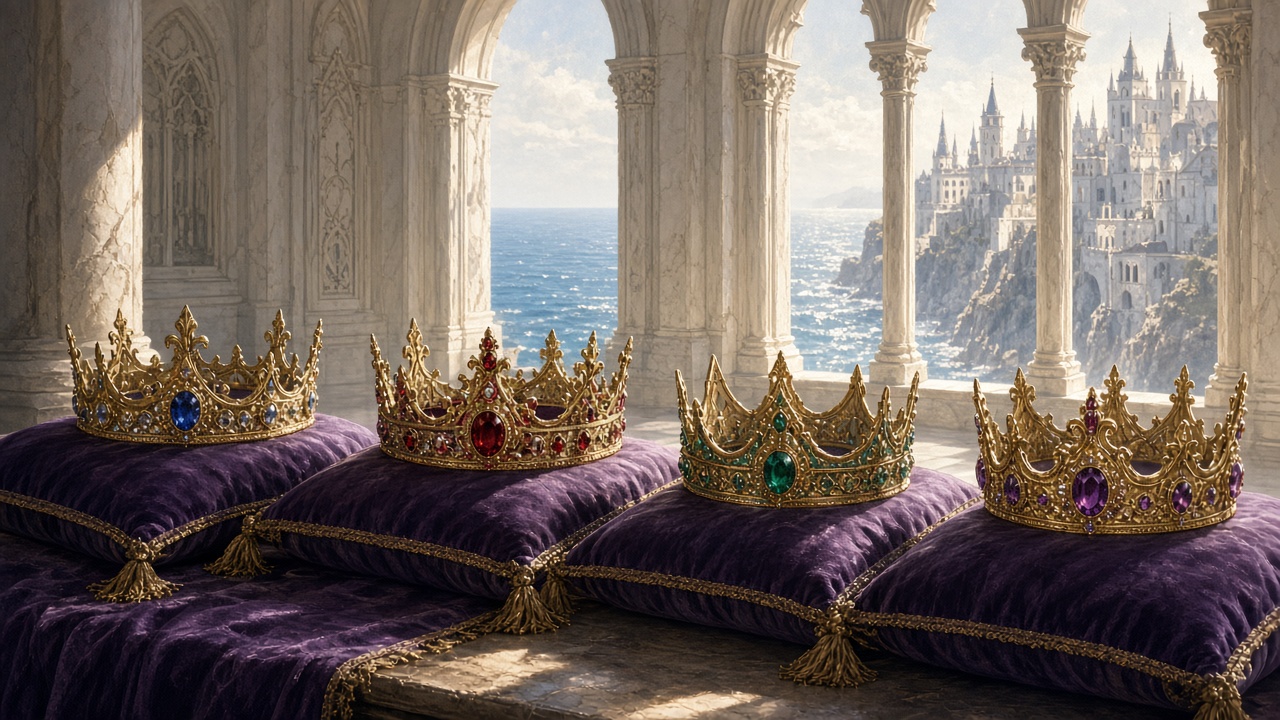 Quatre couronnes d'or sur des coussins