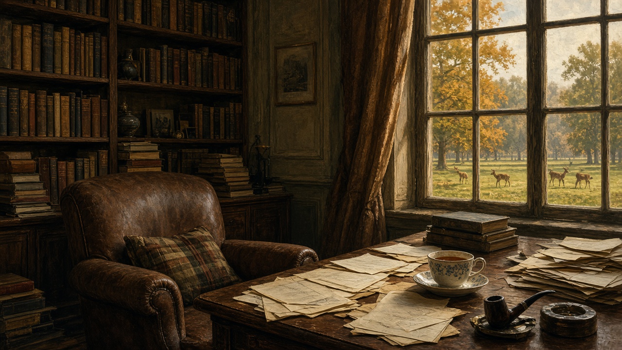 Un bureau d'Oxford encombré de livres, une pipe et une tasse de thé, une fenêtre sur un parc