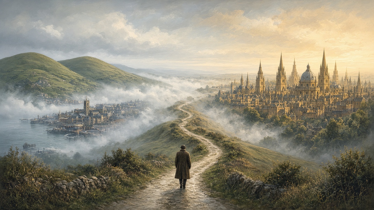Une route qui relie une ville portuaire irlandaise aux flèches d'Oxford dans un paysage onirique
