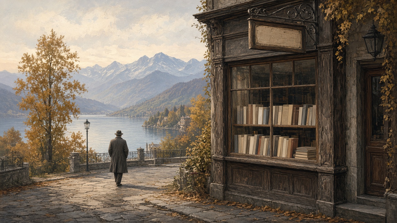 Une librairie ancienne au bord d'un lac suisse, des livres en vitrine