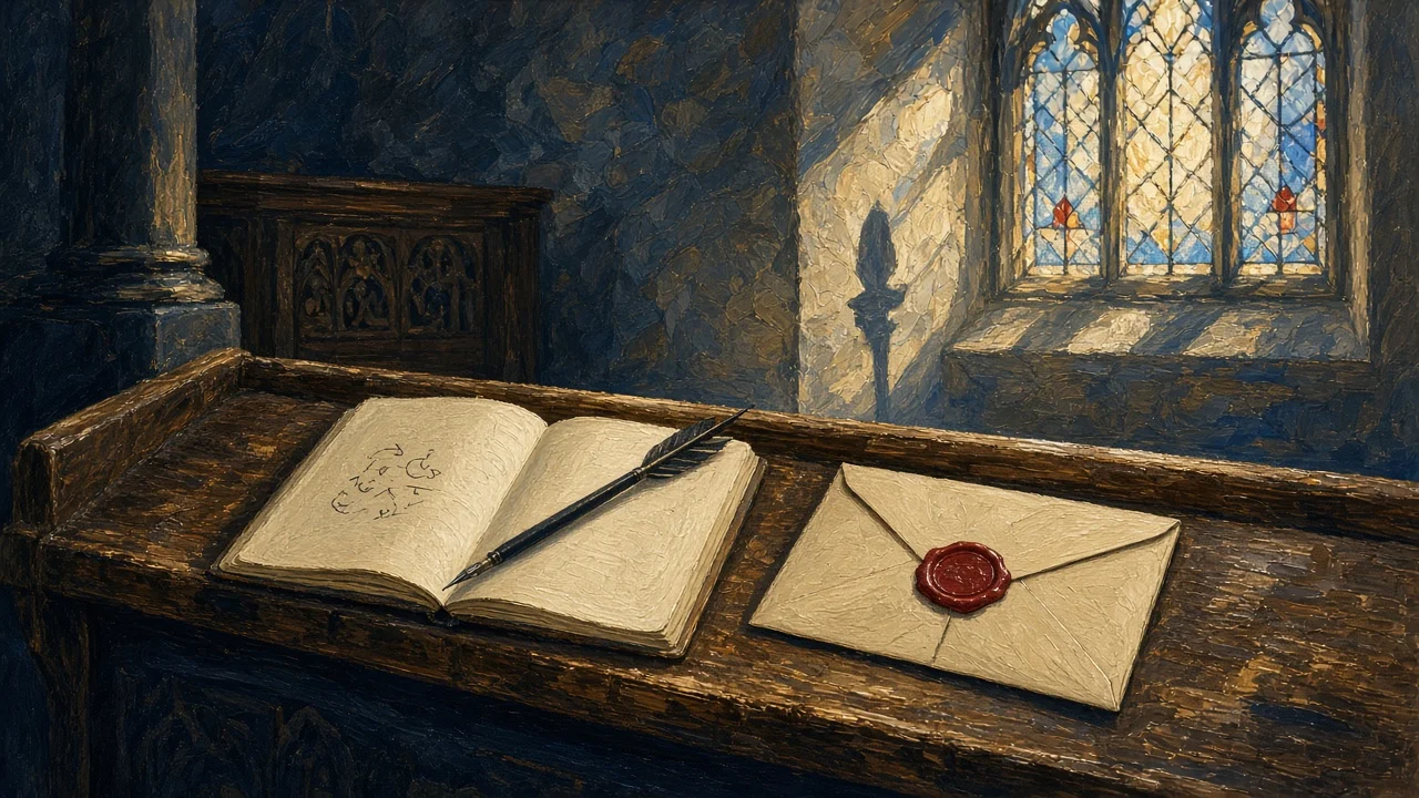 A wooden church pew in the bluish light of a summer morning; an open notebook with a quill, tiny horns doodled in the margin, an envelope sealed with red wax and, on the wall below the stained-glass window, the faint shadow of a flame