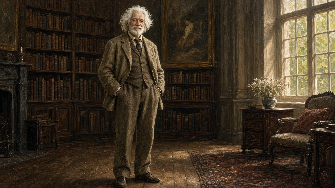 Le vieux professeur debout dans sa bibliothèque