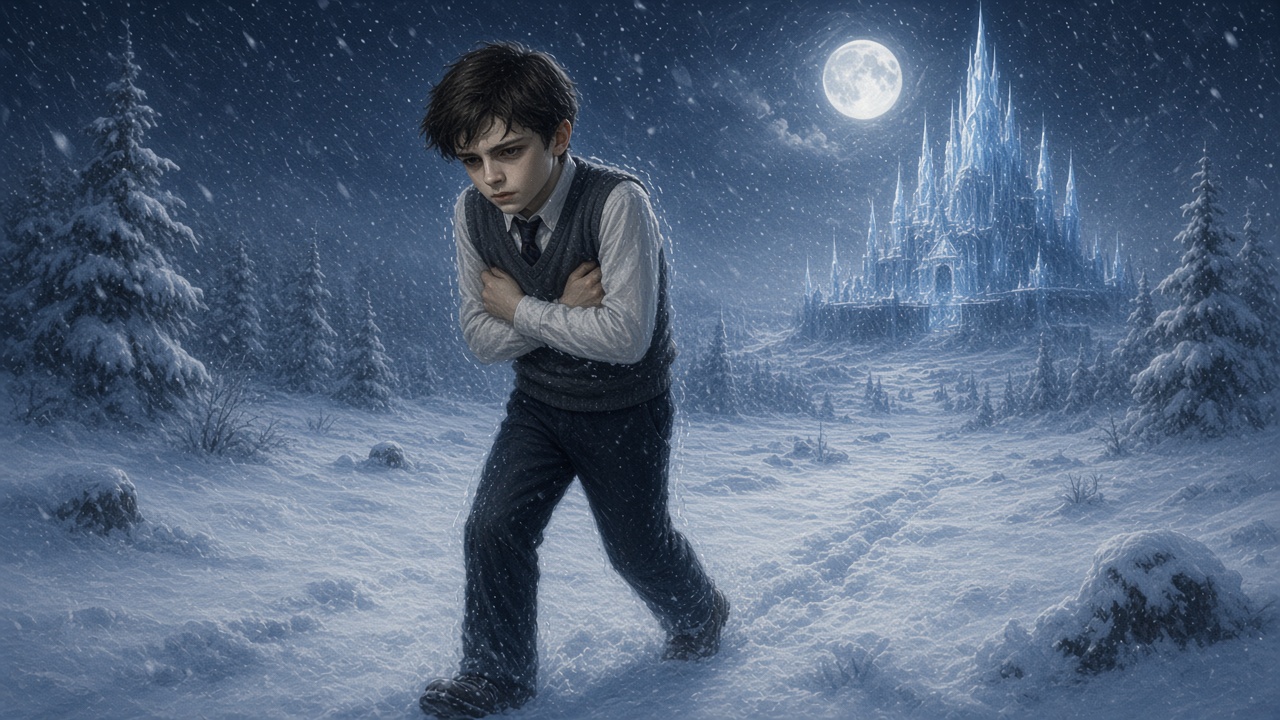 Edmund marche seul dans la neige vers un château de glace