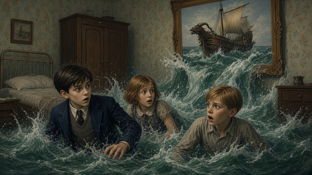 Edmund, Lucy et un garçon pâle aspirés dans un tableau de navire