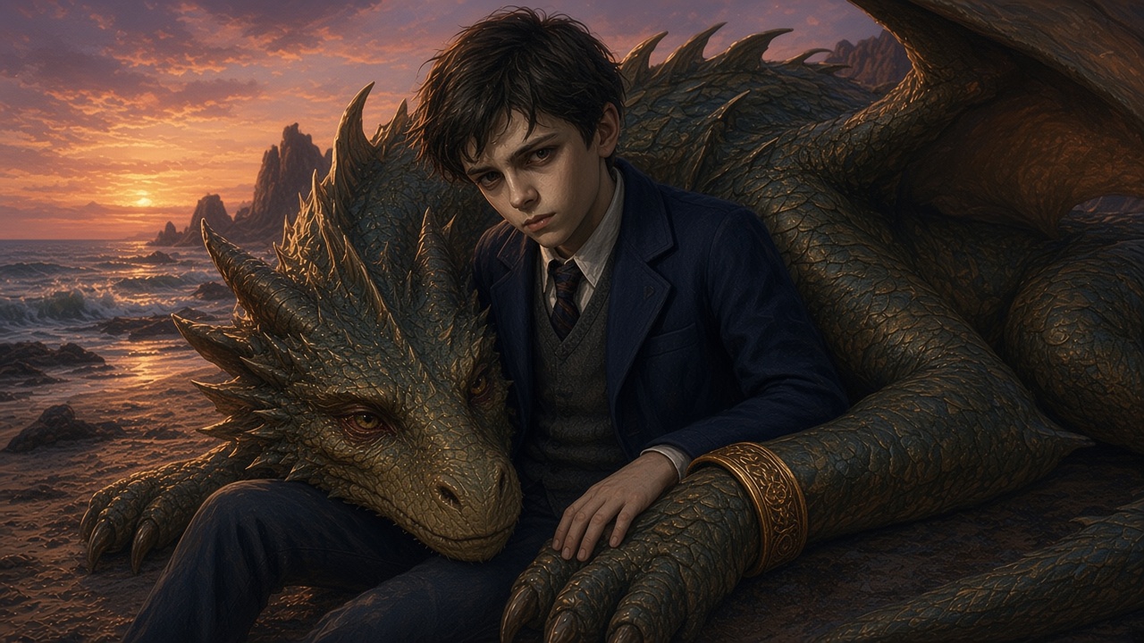 Edmund parle doucement à un dragon sur la plage