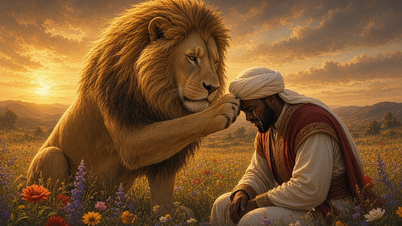 Emeth, à genoux, devant le grand lion