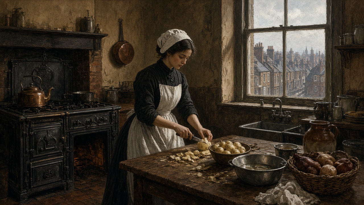 La cuisine de la maison londonienne, où s'affaire la bonne