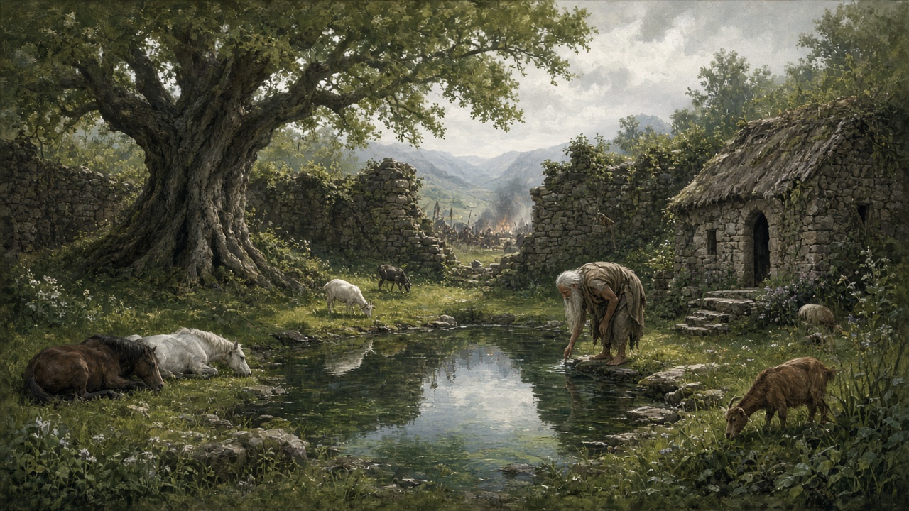 Le vieil ermite regarde la bataille dans l'eau